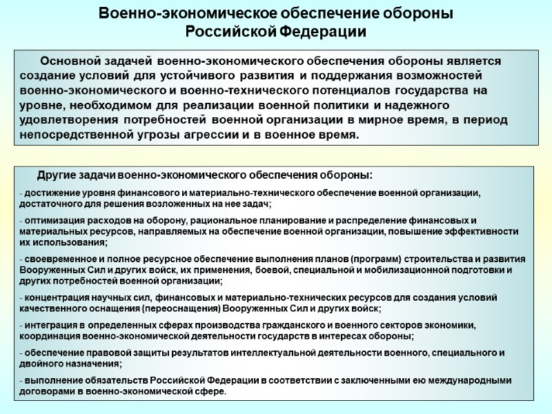 Военно-экономическое обеспечение обороны  Российской Федерации       Другие задачи